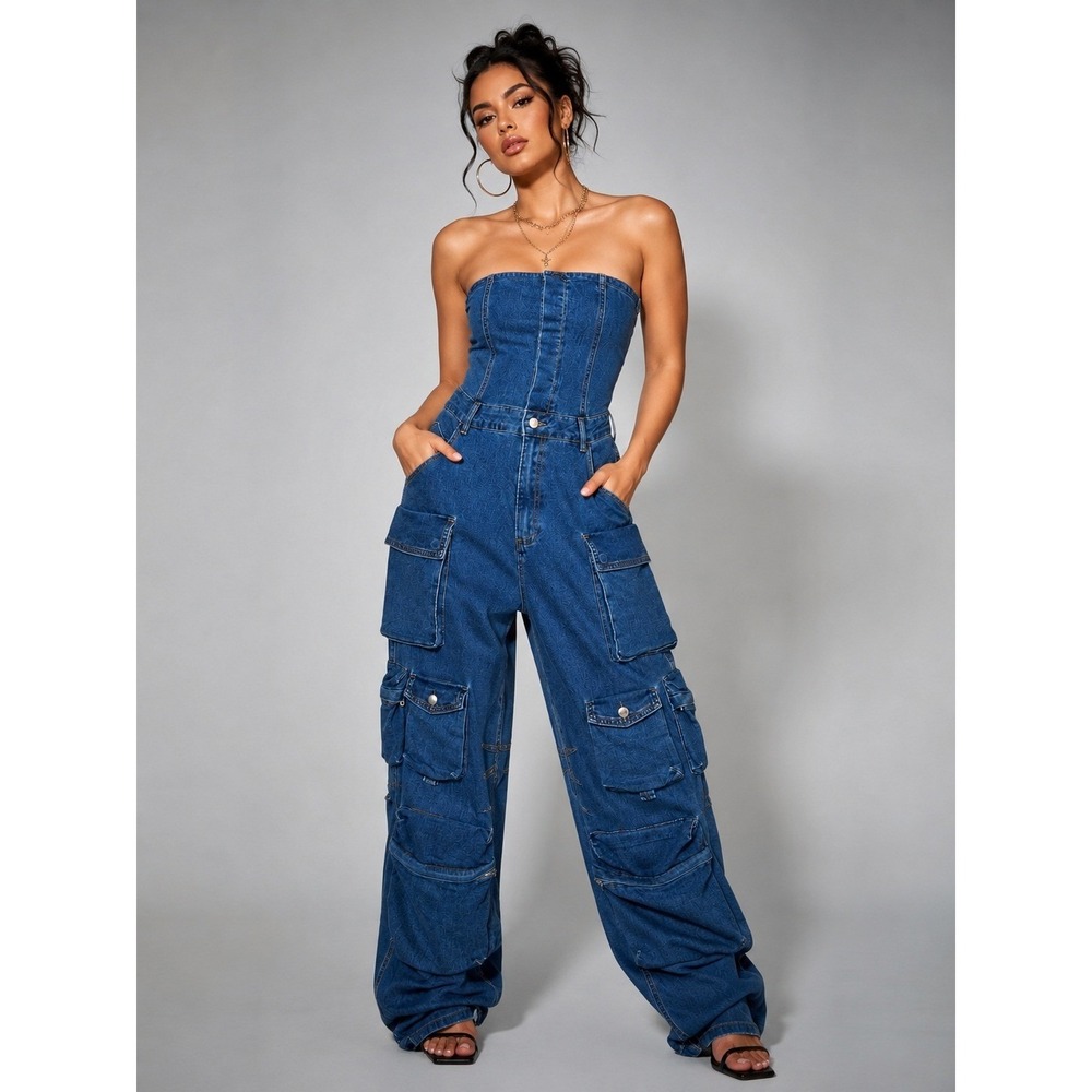 Galita Fashion Womens Jumpsuit L Blue Denim Strapless Cargo Straight Y2K Retro